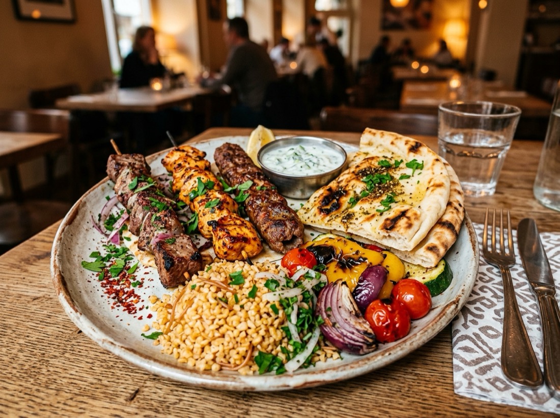 Grillteller mit Fleisch, Reis und Salat